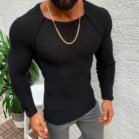 Långärmad Tröja För Män I Enfärgad Färgcrew Neck Stickade Tröjor