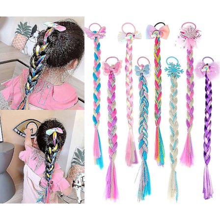 8 stk fargede fletter hårextensions med strikk hestehaler hår sløyfer regnbuefarget syntetisk hårstykker glitter flettet hårextensions for kvinner og 