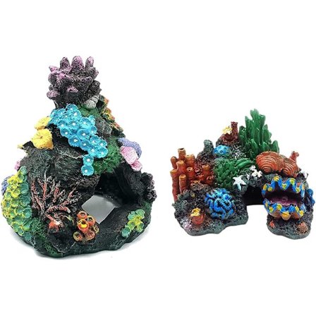 Harpiks koral akvarium dekoration, bjerg hule-formet skjulested, koralrev ornament, sæt med 2