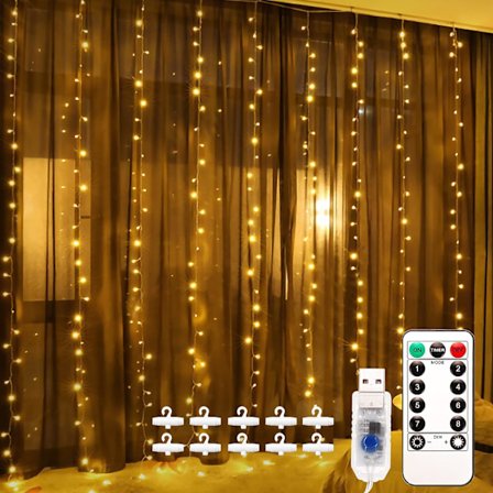 Gardinstang Fairy Lights, 3x3m 300 LED-lyssnor, fjernkontrolltimer, 8 moduser kobberlys, USB-kontakt, for innendørs soveromsveggdekorasjon festbryllup