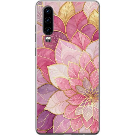 Kompatibelt Mobildeksel til Huawei P30 Rosa og lilla blomstermønster med gyldne detaljer - Elegante mandala-inspirerte motiv