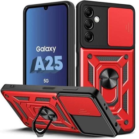 Etui til Samsung Galaxy A25 5G, rød, stødsikker pc-silikone, rustningsstil med 360° roterende stativ Röd