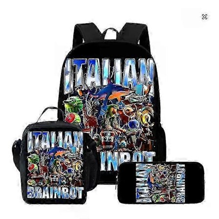 Italialainen Brainrot Tung Tung Sahur -koulureppu, eristetty lounaslaukku ja penaali