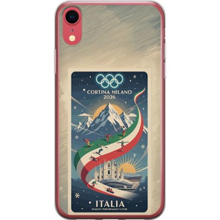 Yhteensopiva Puhelinkuori Apple iPhone XR Mäkihyppykuvitus, jossa hiihtäjä tähtää kiväärillä lumisella radalla, teksti Milano Cortina 2026 ja