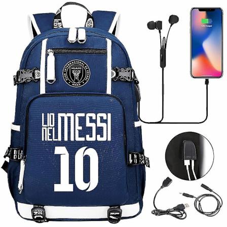 Fotball Messi Ryggsekk | Romslig vanntett reisesekk | Svart skolesekk med USB-lader | Perfekt for reiser og skole