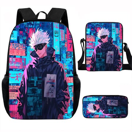 Barn J-Jujutsu Kaisen Koululaukku Setti - 3 Osainen Kevyt Matkareppu Opiskelijan Reppu+Olkalaukku+Penaali,y