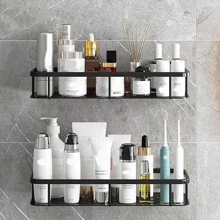 Kaksinkertainen Suihkuhylly Ruostumattomasta Teräksestä – Seinätarralla Kiinnitys, Poraamaton & Kestävä Säilytys Kylpyhuoneeseen