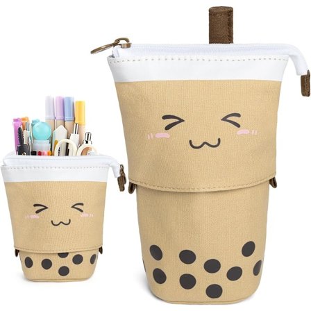 Brun Stående Penal for Jenter, Pop Up Penal Søt Teleskopisk Pennveske Holder Canvas Glidelås Kawaii Barn Studenter