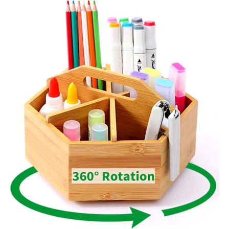 Pyörivä Kynäteline, Bambu 360 Asteen Pyörivä Kynäteline Kahvalla Värillinen Kynätelinejärjestäjä 6 Lokerolla (350+ Kynää)