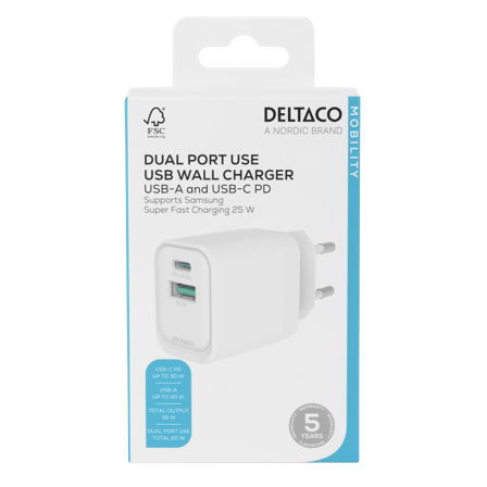 Deltaco USB-C ,USB-A 30W Charger, White