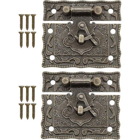 Set med 2 antika spärrar, spärrhakar, bronsjärnlås, beslag för kistor, skjutdörrar, 50 x 42 mm med skruvar, set med 2