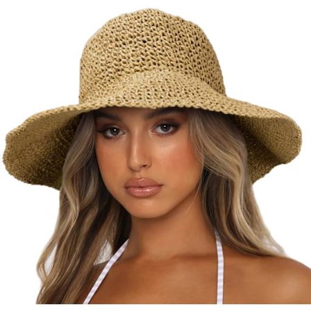 Solhatte med bred skygge til kvinder, sammenfoldelig rejse-stråhat UPF50+