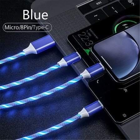 3 i 1 USB-kabel LED-lysende lader Ladingkabel Sladd for Type-C Android iPhone - 1,2m Blå