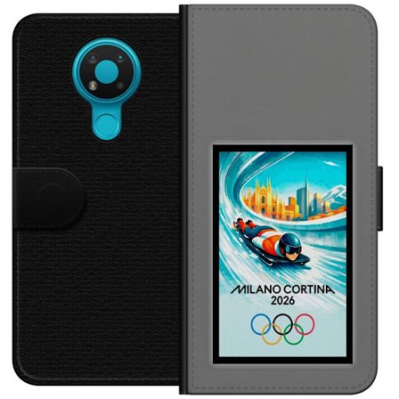 Yhteensopiva Lompakkokotelo Nokia 3.4 Dynaaminen kelkkailija tai skeleton-ajaja jääkanavalla Milanon Cortina 2026 kanssa, kaupunkinäkymä ja olympialai
