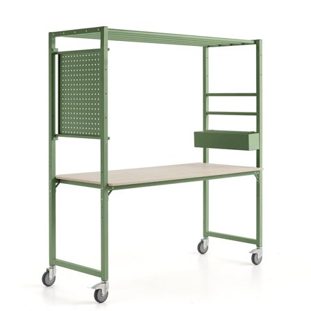Mobile multi-table TEAMWORK, accessory box, tool panel, green/ash