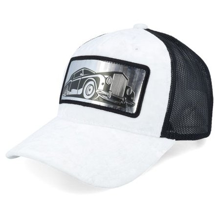Calza Pennello - Vit trucker Keps - Luxury Car Silver Patch Velvet White/Black A-Frame Trucker @ Hatstore
