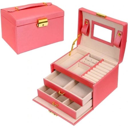 Smyckeskrin, Smyckesorganisatör, 3-lagers smyckesförvaringslåda i PU-läder med spegel och lås, för ringar, armband, örhängen, halsband, rosa