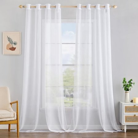 Erittäin pitkät valkoiset läpikuultavat verhot - 106" pituus (2 kpl:n setti) - 54" leveät purjerenkailla varustetut paneelit, valoa suodattavat 