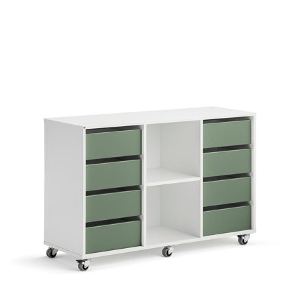 Elevförvaring CASPER, 8 lådor, 2 fack, hjul, vit, mörkgrön