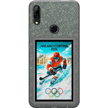 Yhteensopiva Puhelinkuori Huawei P Smart Z Curlingkuvitus pelaajilla ja kivillä jäällä, Milano Cortina 2026, lumisia roiskeita ja olympiasormukset