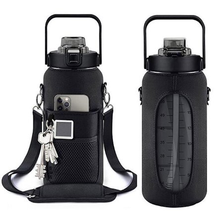 Vattenflaska med Sleeve, 2 Liter (64oz), Inspirerande Vattenflaska med Sugrör och Tidstämpel, Läcksäker