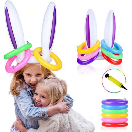 Uppblåsbar Kaninöron Ringkastningsspel, 1 Kaninöronhatt med 4 Ringar och 1 Handpump