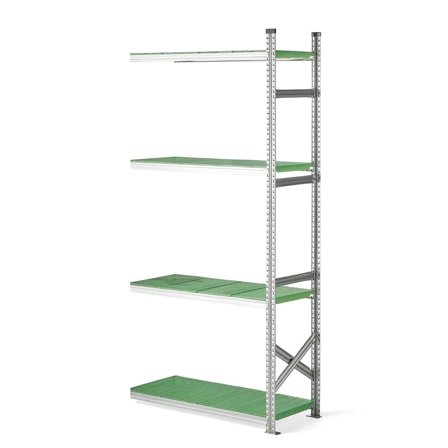 Reol påbyggseksjon med grønne plasthyller, 2500x1200x500 mm