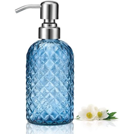 Påfyllbar såpedispenser med pumpe i rustfritt stål for kjøkken og bad, flytende håndsåpedispenser laget av blyfritt glass med rustikk vertikal design