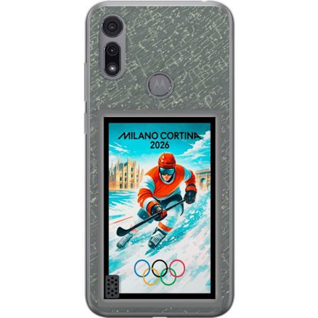 Kompatibel Mobilcover til Motorola Moto E6i Curling illustration med spillere og sten på isen, Milano Cortina 2026, snedækkede stænk og olympiske r