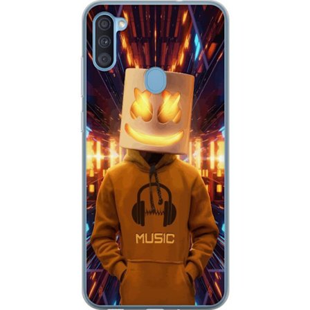 Kompatibelt Mobildeksel til Samsung Samsung Galaxy A11 DJ-figur med lysende hjelm og hette i futuristisk musikkmiljø med neonlys.