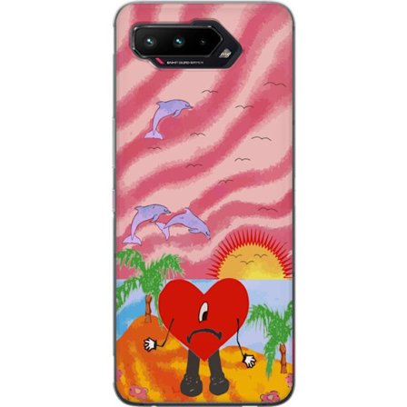 Kompatibelt Mobildeksel til Asus ROG Phone 5 Bad Bunny i en fargerik quiltet jakke med hjertemønster og solbriller i moderne gatestil