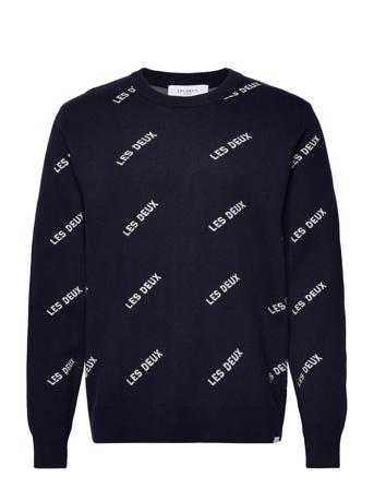 Les Deux Logo Cotton Knit Strikkegenser M. Rund Krage Navy Les Deux