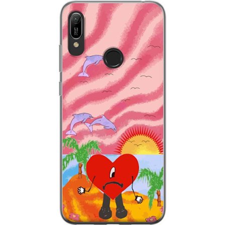 Kompatibel Mobilcover til Huawei Y6 (2019) Bad Bunny i en farverig quiltet jakke med hjertemønster og solbriller i moderne gade stil