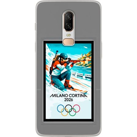 Kompatibel Mobilcover til OnePlus 6 Retroplakat Cortina Milano 2026 med bjerge, vintersportsudøvere, italiensk trikolor, Milano-katedralen og olympisk