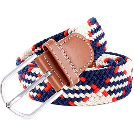 41 * 1,3 tommers unisex elastisk stoff flettet stretchbelte, casual herre og dame midje belte med PU lær spenne, blå hvit rød