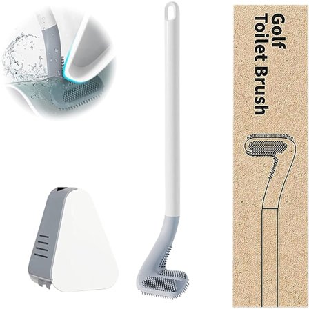 Golf Silikon Toalettbørste Langt Håndtak Veggmontert Rengjøring Toalettbørste med Holdersett (Hvit)