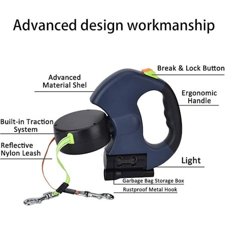 Dobbelt indtrækkeligt hundesnor til 2 hunde, 3 m dobbelt hundesnor med LED-lys og snordispenser