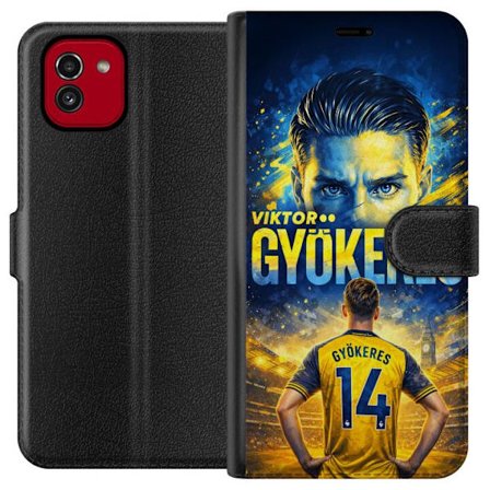 Kompatibelt Lommeboketui til Samsung Samsung Galaxy A03 Viktor Gyökeres fotballplakat i gult og blått med dramatisk stadionbakgrunn, sportillustrasj