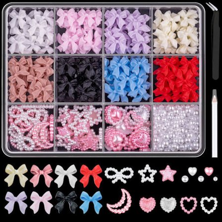 3D Nagelberlocker och Platt Pärlset 1, 8 Färger Nagelrosetter Berlock + Rosa & Vit Stjärna Hjärta Måne Söta Nagelsmycken + 2-4mm