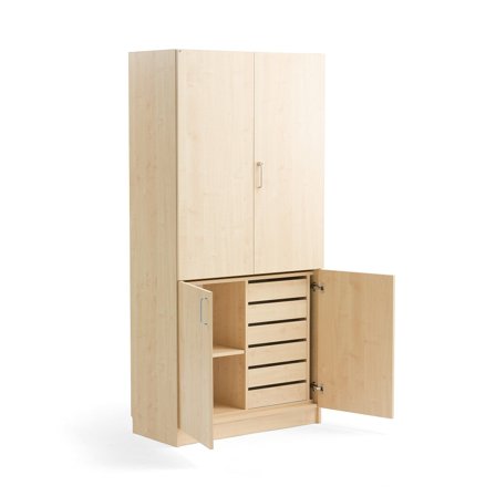 Hoher Lagerschrank aus Holz THEO, 1 Fachboden, 6 Schubladen, Birke