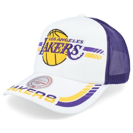 Mitchell & Ness - NBA Wit trucker Cap - Los Angeles Lakers Last Lap White/Purple A-frame Trucker @ Hatstore