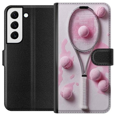 Kompatibel Tegnebogsetui til Samsung Samsung Galaxy S22+ 5G Rosa glaskugler og tennisketsjer i et kreativt stillbillede med legende popfølelse og mod