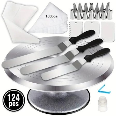 124-osainen kakunkoristelusetti metallisella kakkutelineellä, leivontasetillä ja kakunleivontatuotteilla koristeluun