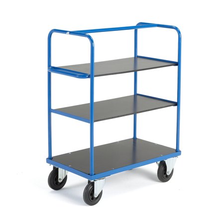 Shelf trolley TRANSFER, 3 shelves, 900x500x1180 mm, rubber wheels, with brakes