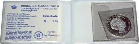 Danmark 1976 - Dronning Margrethe II USA 200 år uafhængigheden - Sølvmedalje