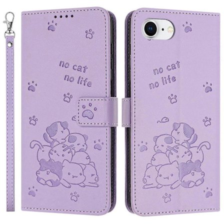 For iPhone 16e Telefondeksel med Kattetrykk Lær Lommebok Telefondeksel - Lilla (Lilla)