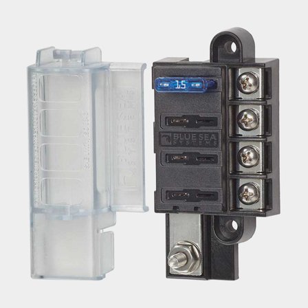 Porte-fusibles Blue Sea Systems ST Blade Compact Fuse Block, pour 4 fusibles à broches plates, M4 + M5, 32 V DC, 100 A