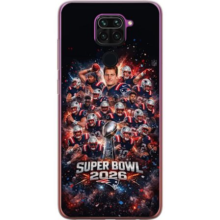 Yhteensopiva Puhelinkuori Xiaomi Redmi Note 9 Super Bowl 2026 juliste, jossa New England Patriots ja NFL-mestaruuspalkinto räjähtävän urheilullise