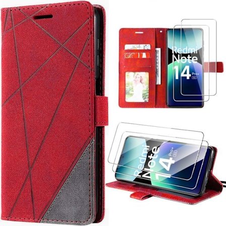 Coque + 2 Skyddsglas för Xiaomi Redmi Note 14 Pro Plus 5G / Redmi Note 14 Pro+ 5G, Skinnliknande Stötskydd - Röd