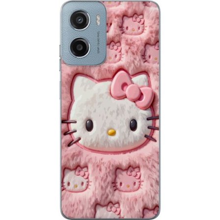 Kompatibelt Mobildeksel til Motorola Moto G05 Hello Kitty rosa fluffy bakgrunn med ikoniskt ansikt og kawaii-estetikk